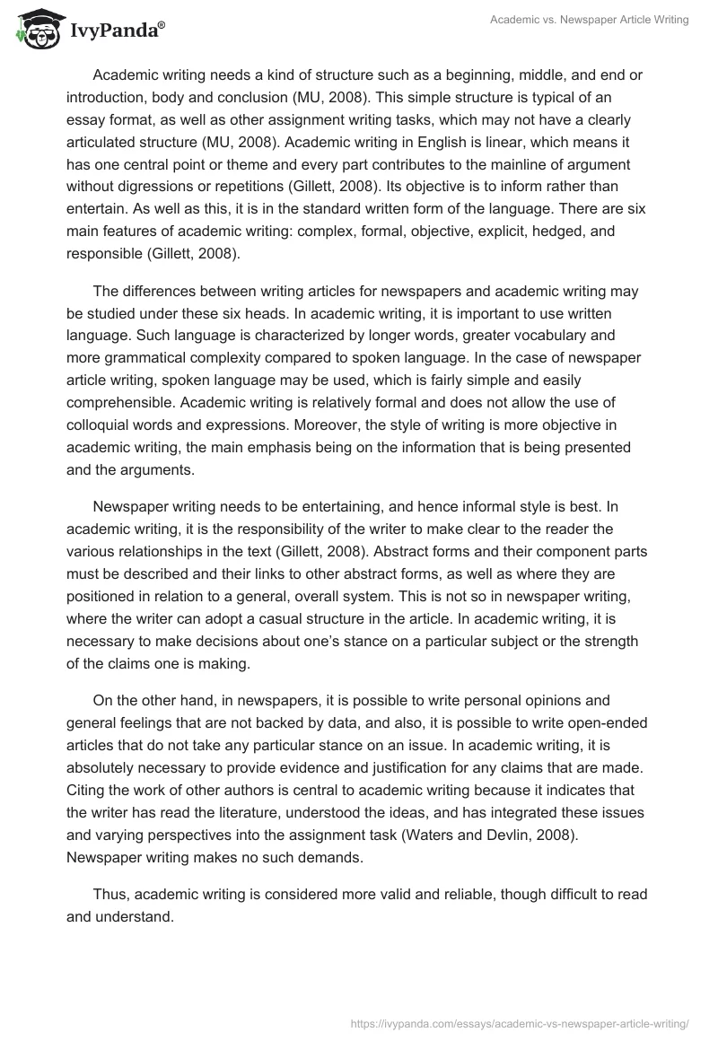 Academic vs. Newspaper Article Writing. Page 2