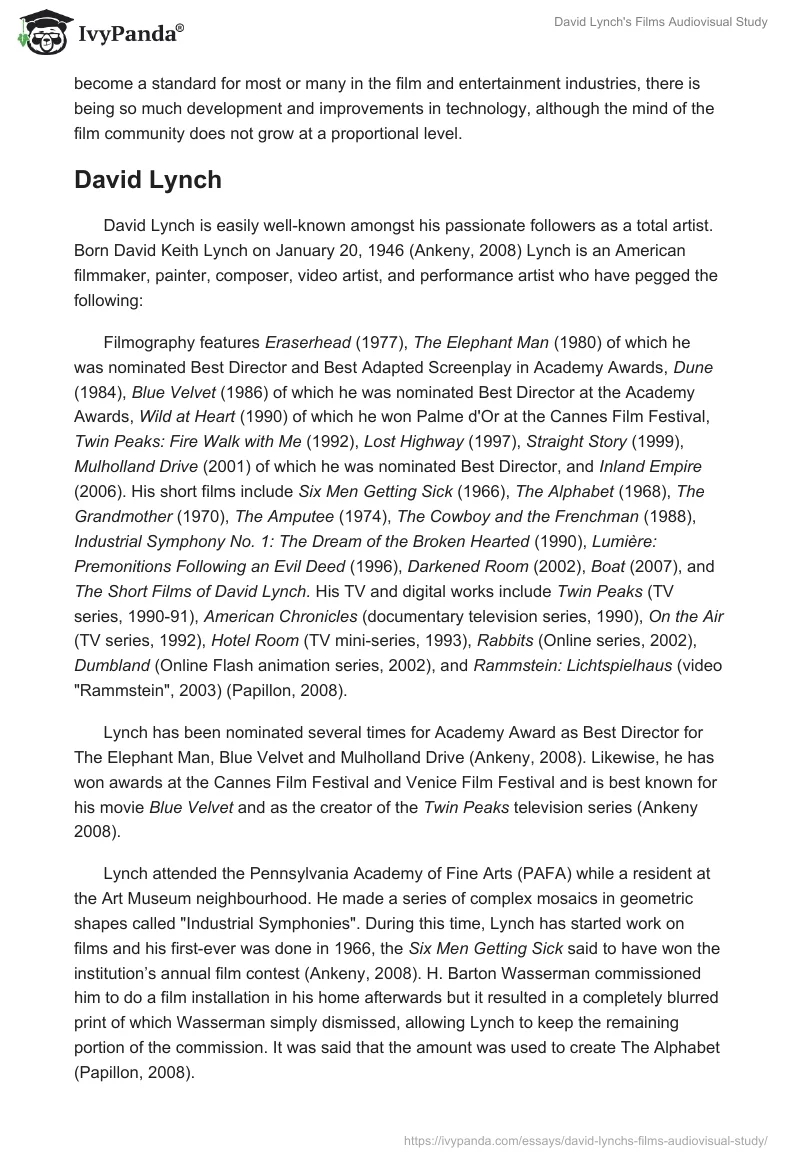 David Lynch's Films Audiovisual Study. Page 4