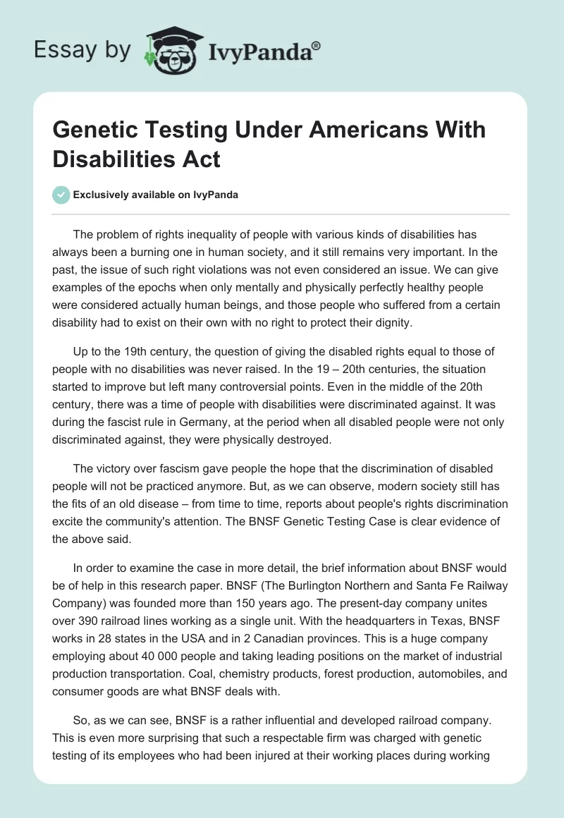 Genetic Testing Under Americans With Disabilities Act. Page 1