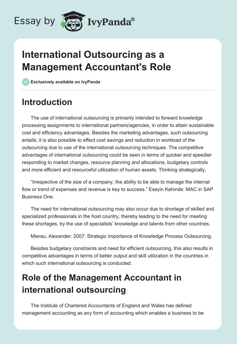 International Outsourcing as a Management Accountant's Role. Page 1