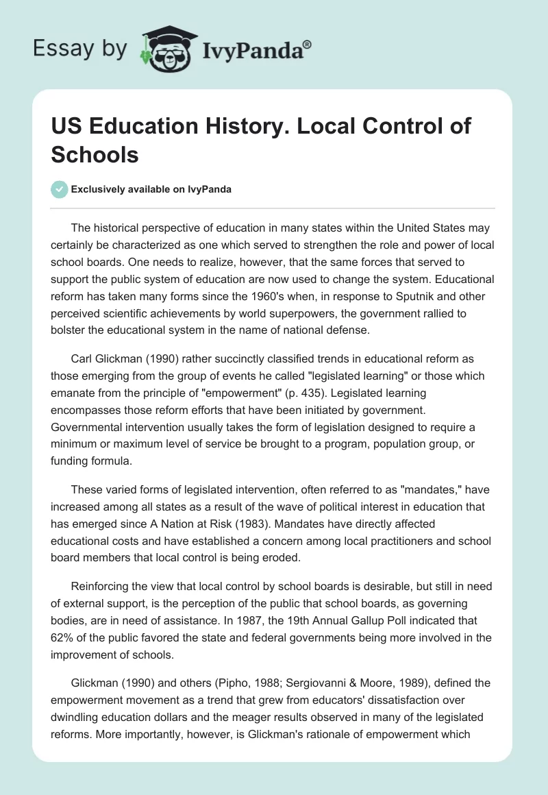 US Education History. Local Control of Schools. Page 1