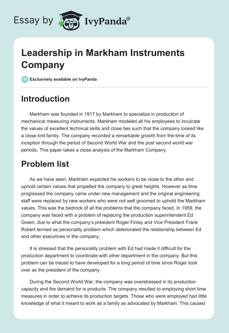Leadership in Markham Instruments Company. Page 1