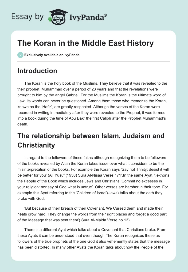 The Koran in the Middle East History. Page 1