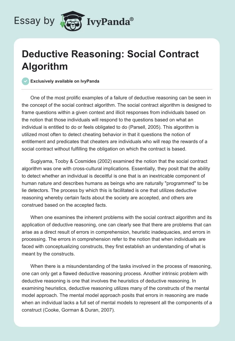 Deductive Reasoning: Social Contract Algorithm. Page 1