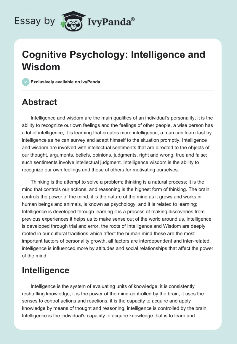 Cognitive Psychology: Intelligence and Wisdom. Page 1