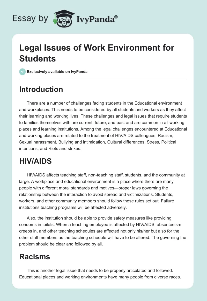 Legal Issues of Work Environment for Students. Page 1