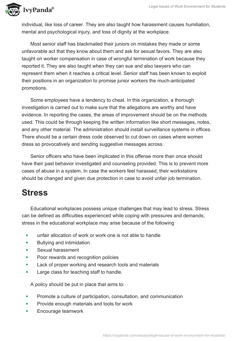 Legal Issues of Work Environment for Students. Page 4