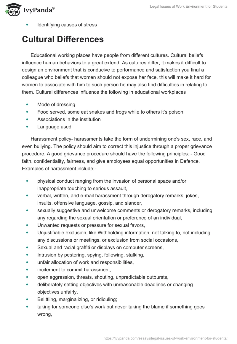 Legal Issues of Work Environment for Students. Page 5