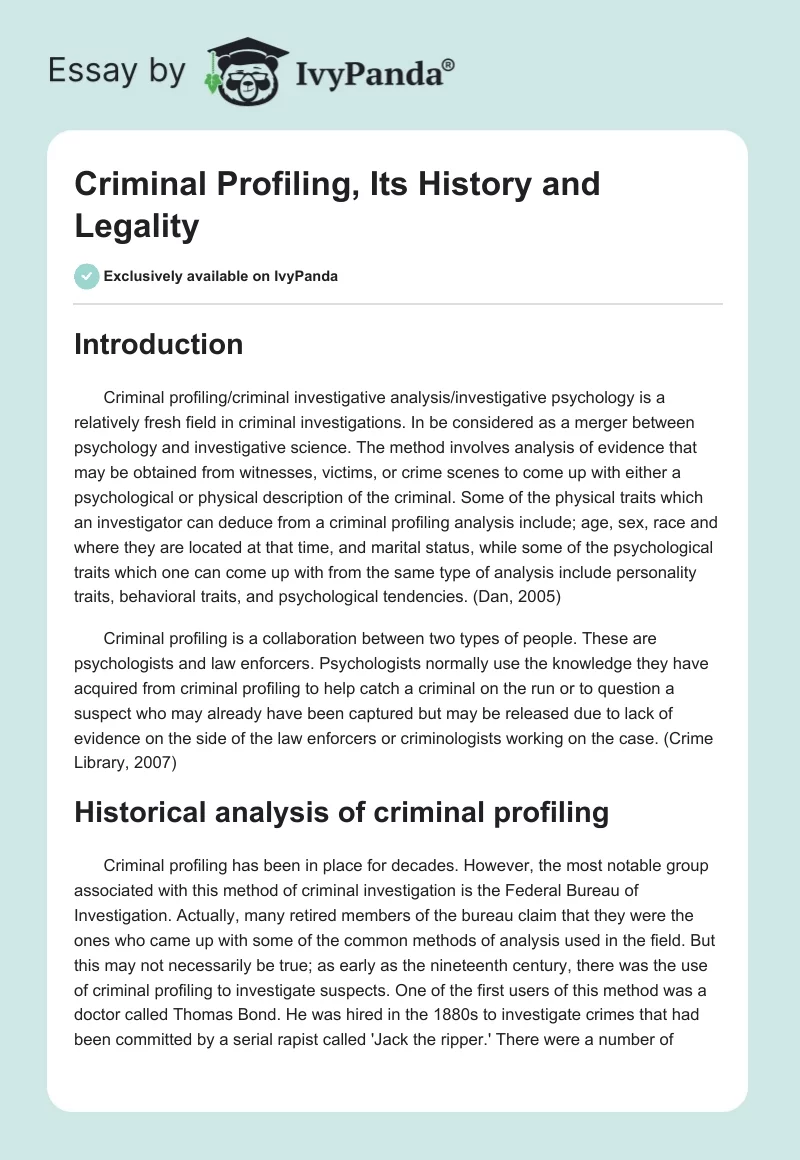 Criminal Profiling, Its History and Legality. Page 1
