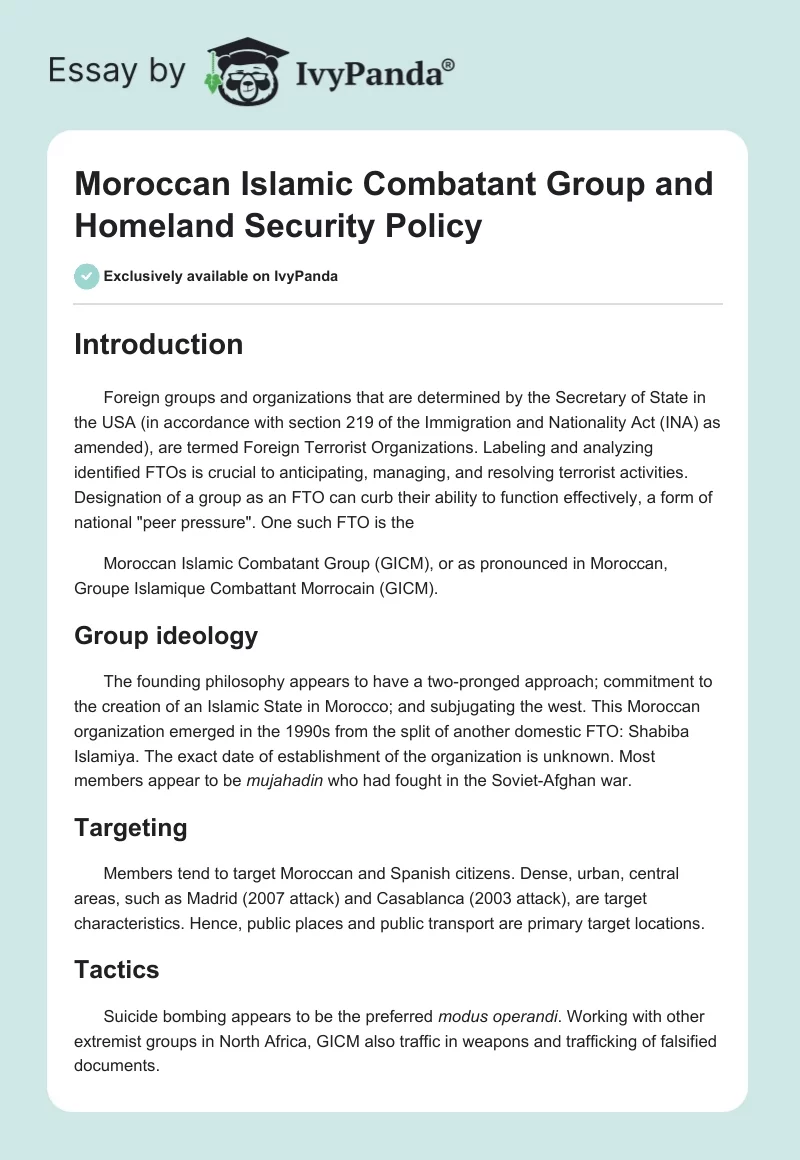 Moroccan Islamic Combatant Group and Homeland Security Policy. Page 1