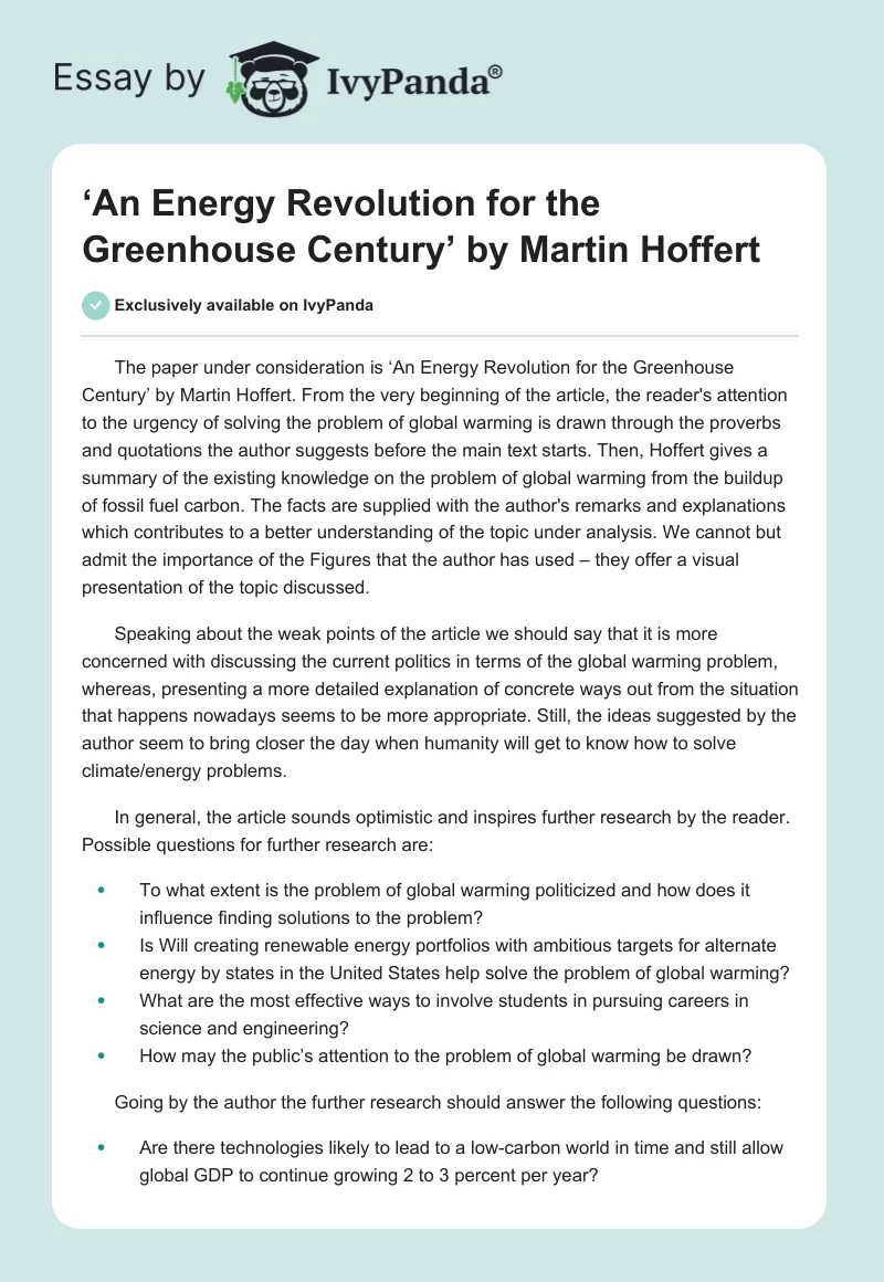 ‘An Energy Revolution for the Greenhouse Century’ by Martin Hoffert. Page 1