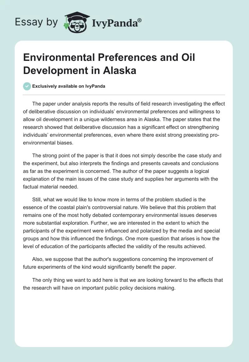 Environmental Preferences and Oil Development in Alaska. Page 1