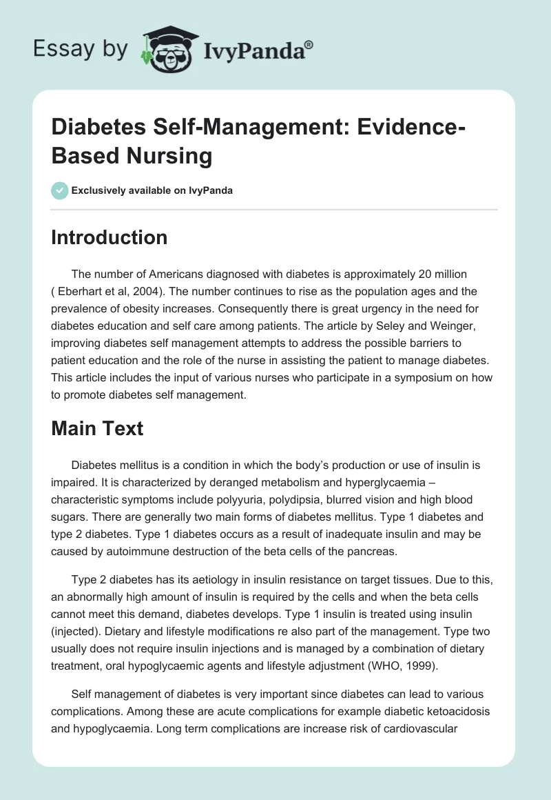 Diabetes Self-Management: Evidence-Based Nursing. Page 1