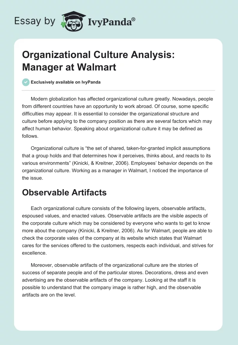 Organizational Culture Analysis: Manager at Walmart. Page 1