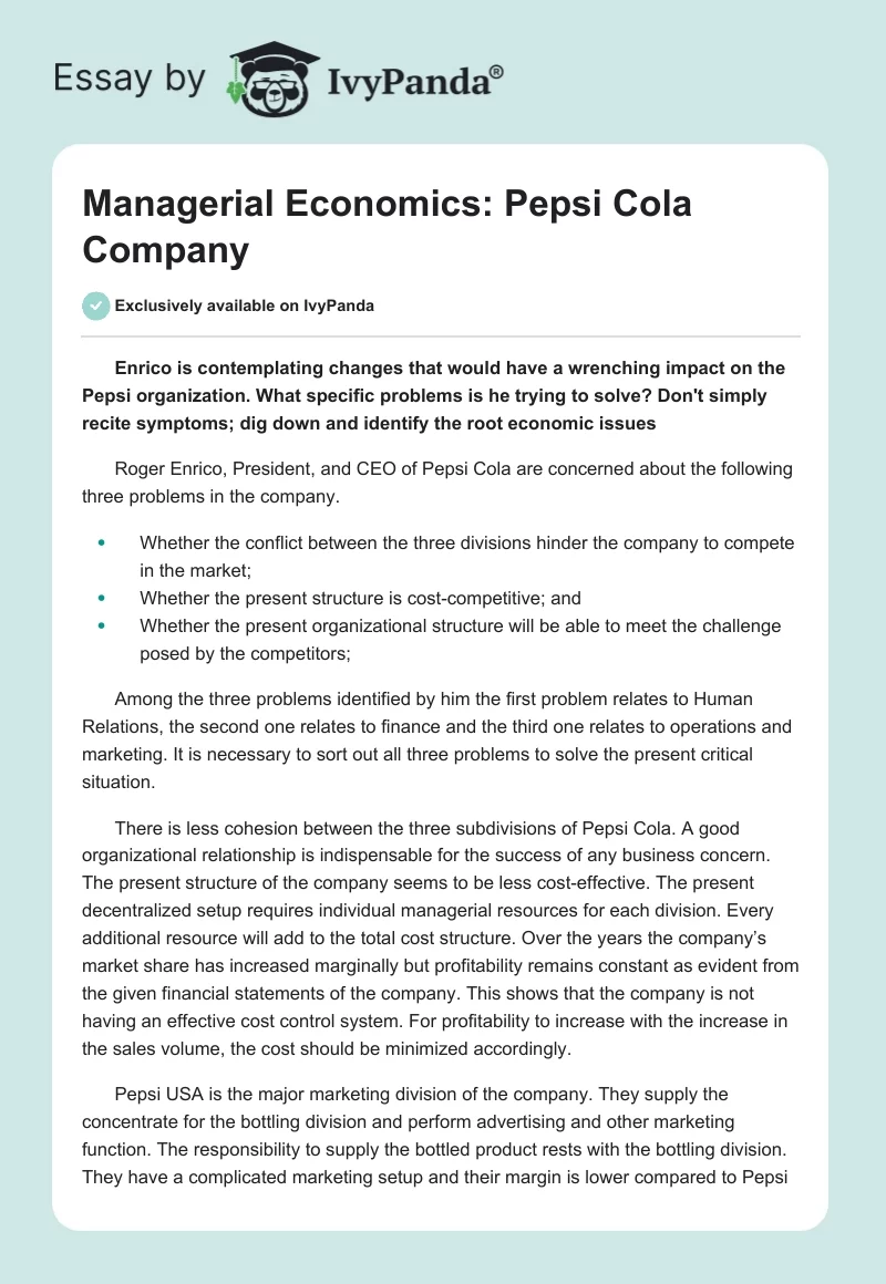 Managerial Economics: Pepsi Cola Company. Page 1