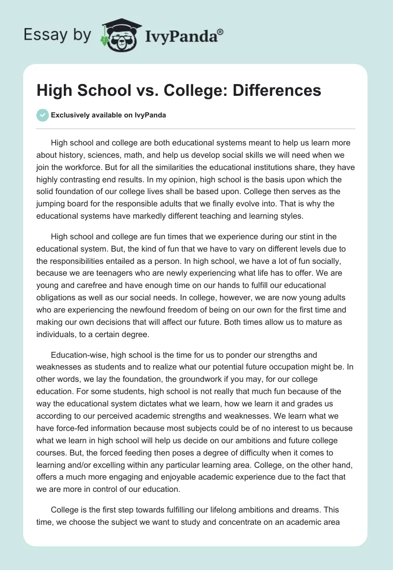 comparison and contrast essay about senior high school vs college