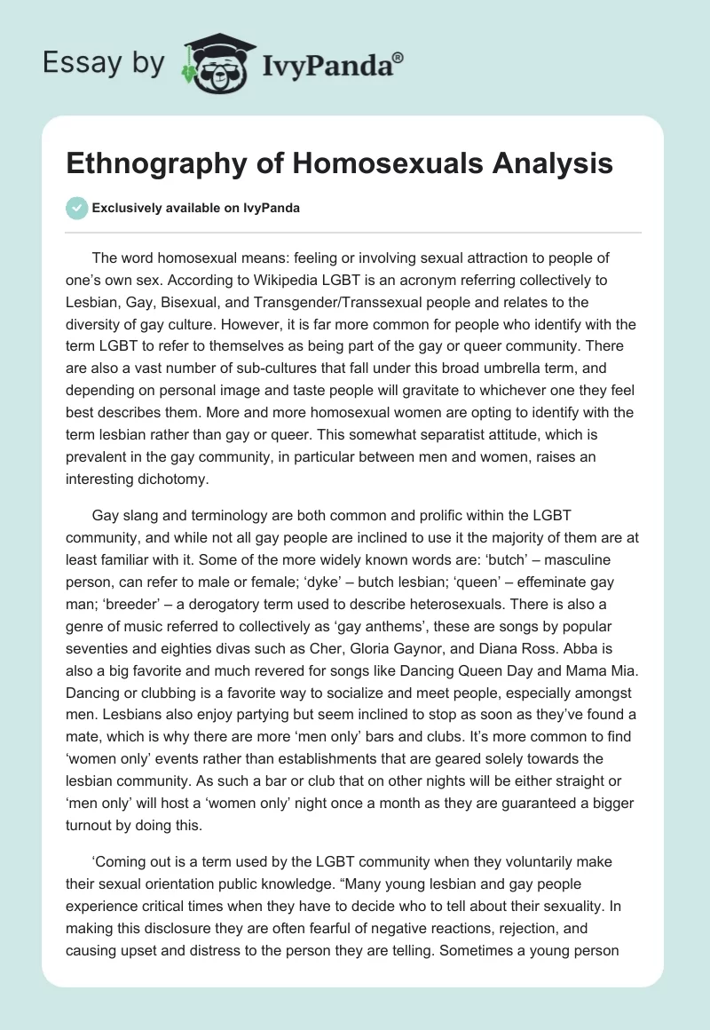 Ethnography of Homosexuals Analysis. Page 1