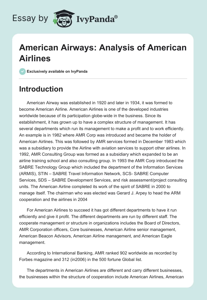 American Airways: Analysis of American Airlines. Page 1