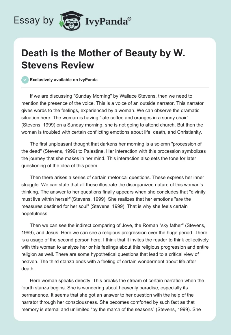 "Death is the Mother of Beauty" by W. Stevens Review. Page 1
