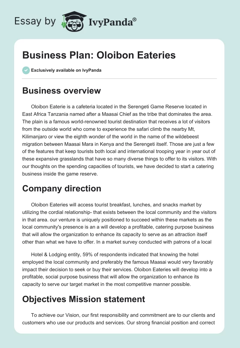 Business Plan: Oloibon Eateries. Page 1