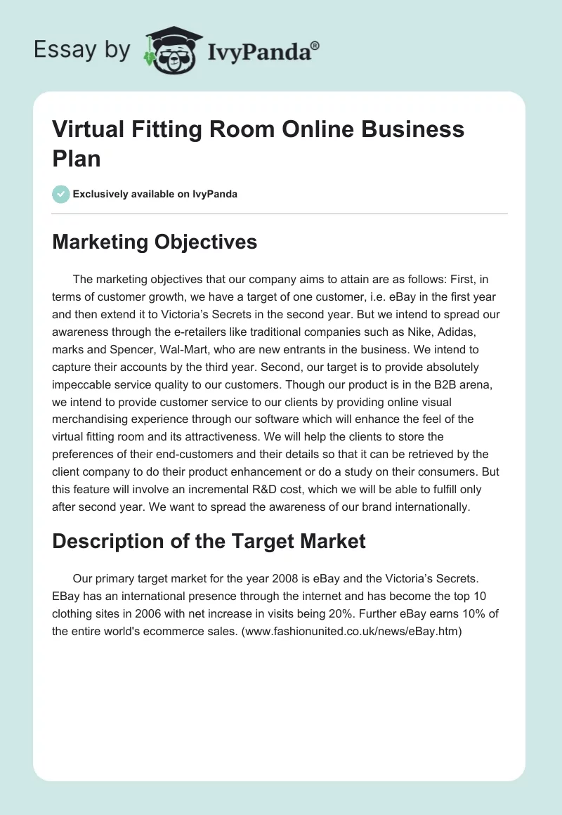 Virtual Fitting Room Online Business Plan. Page 1