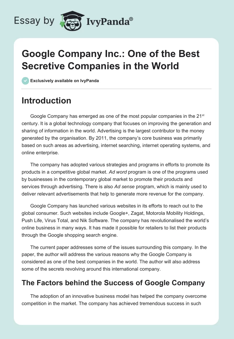 Google Company Inc.: One of the Best Secretive Companies in the World. Page 1