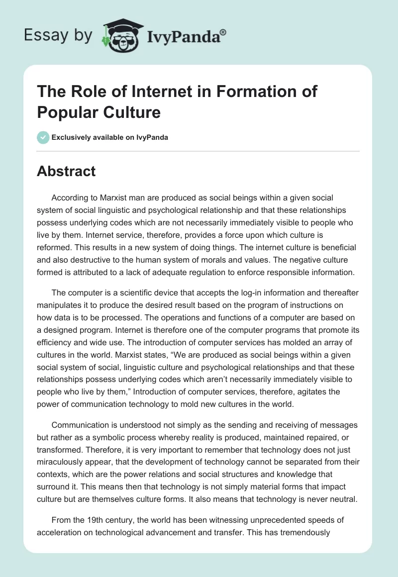 The Role of Internet in Formation of Popular Culture. Page 1