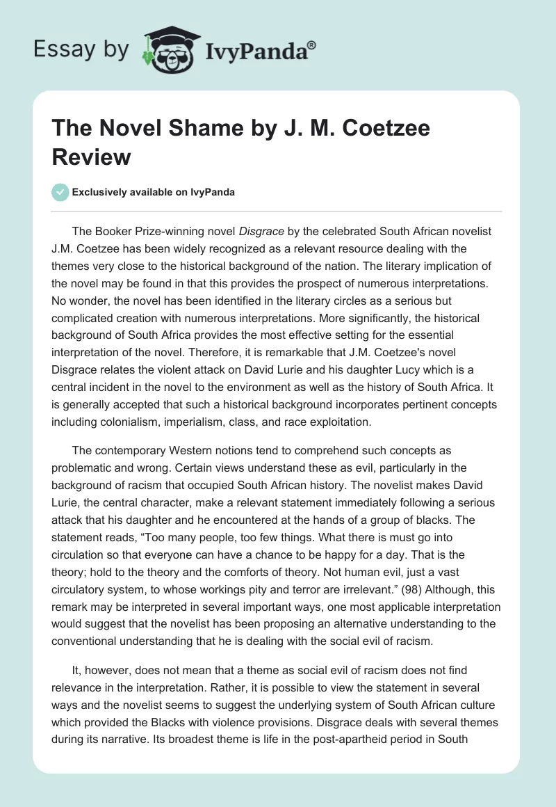 The Novel "Shame" by J. M. Coetzee Review. Page 1
