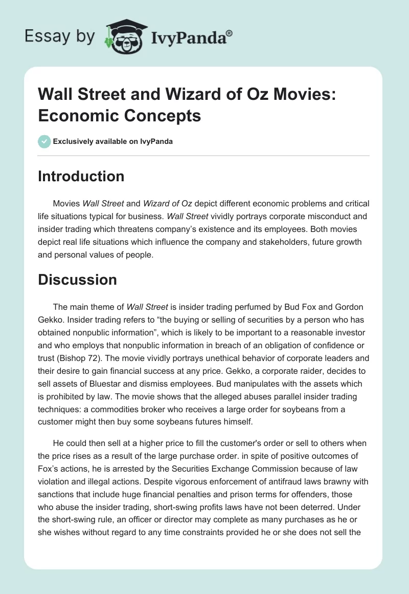 Wall Street and Wizard of Oz Movies: Economic Concepts. Page 1