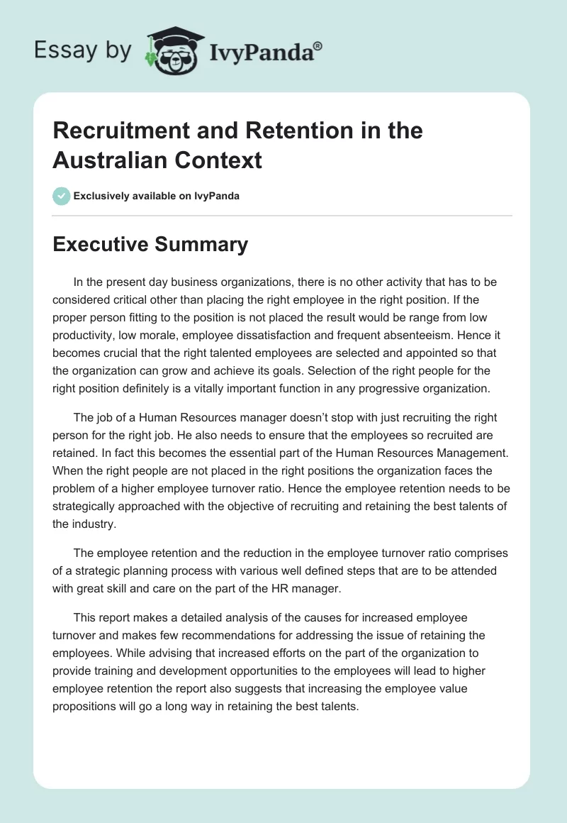 Recruitment and Retention in the Australian Context. Page 1
