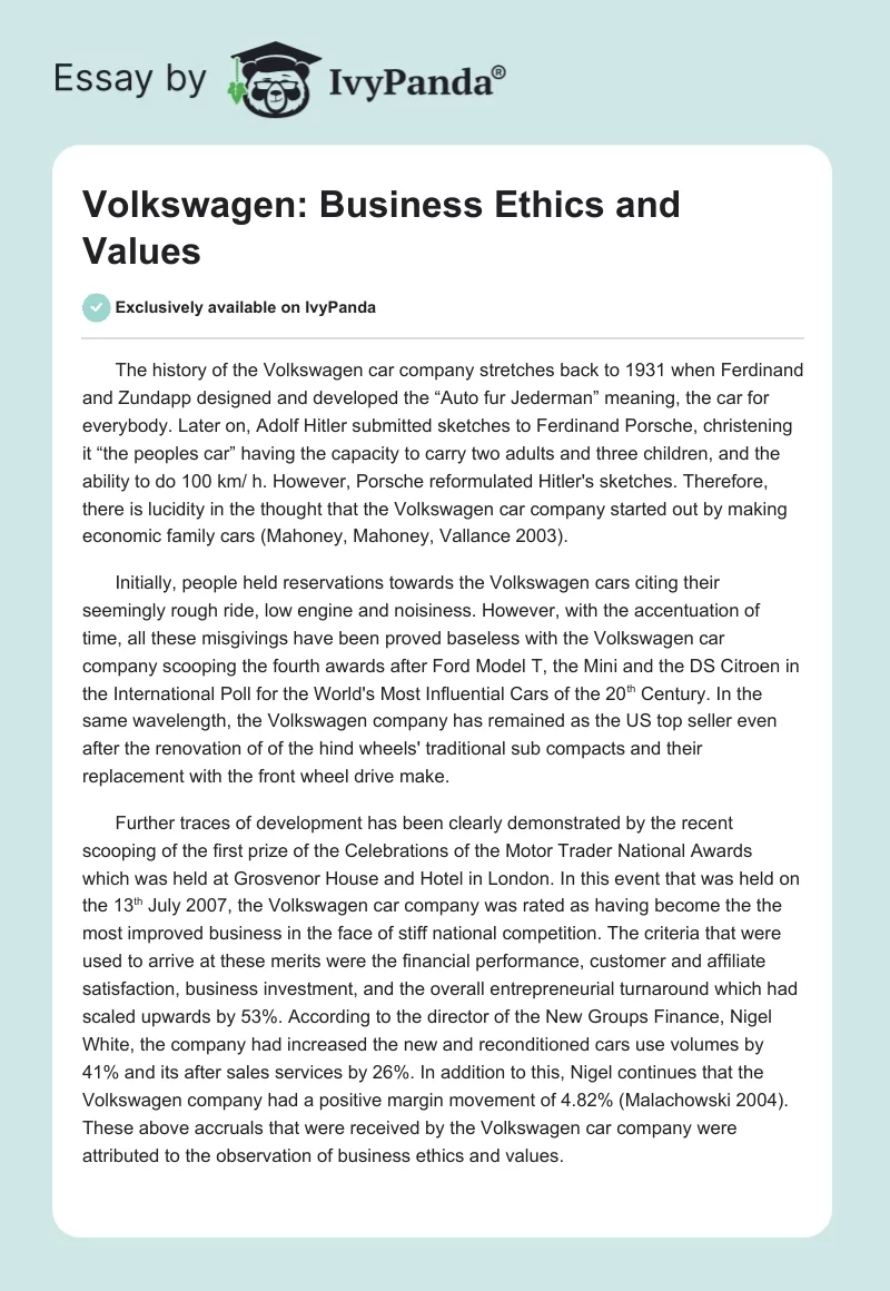Volkswagen: Business Ethics and Values. Page 1