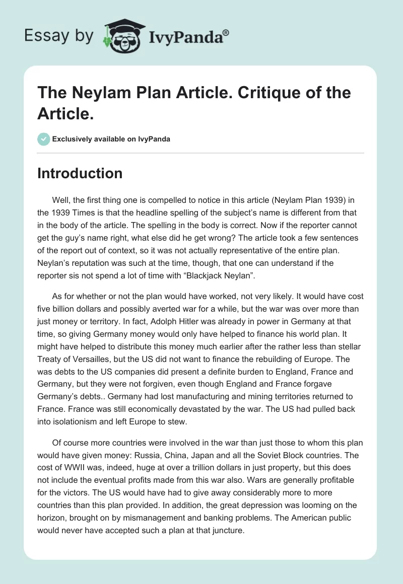 The Neylam Plan Article. Critique of the Article.. Page 1