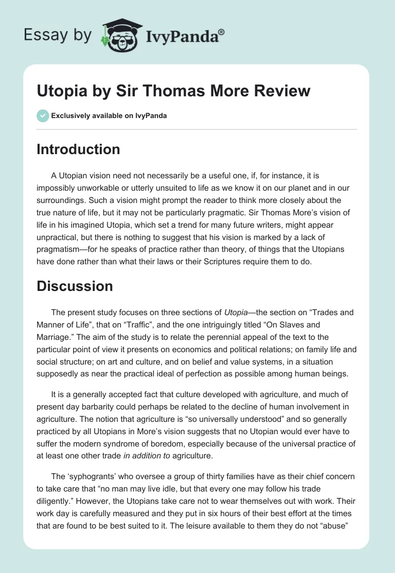 Utopia by Sir Thomas More Review. Page 1