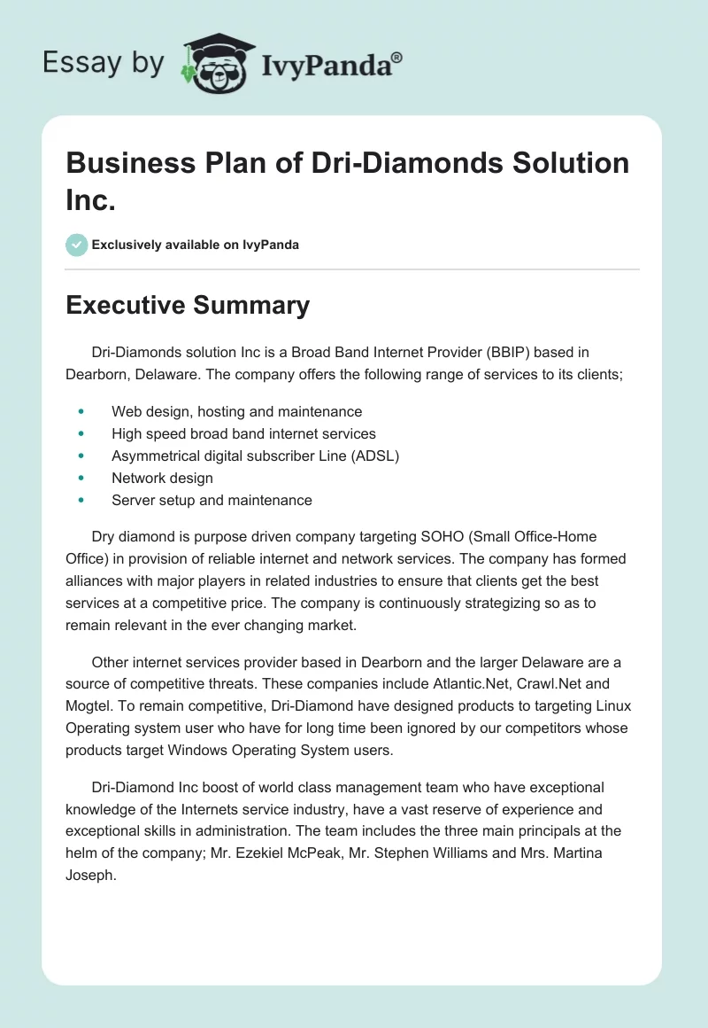Business Plan of Dri-Diamonds Solution Inc.. Page 1