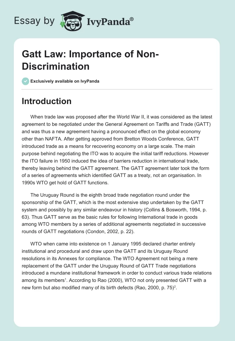 Gatt Law: Importance of Non-Discrimination. Page 1