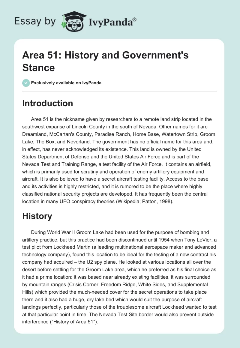 Area 51: History and Government's Stance. Page 1