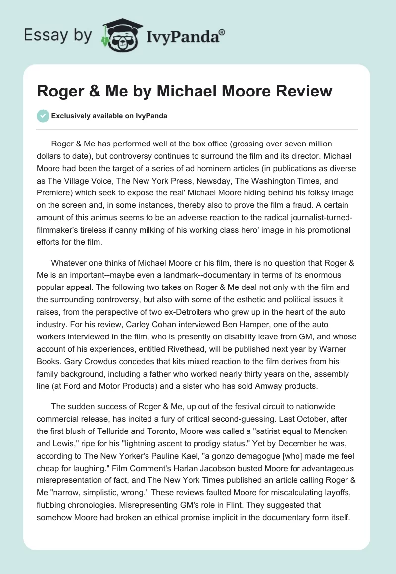 "Roger & Me" by Michael Moore Review. Page 1