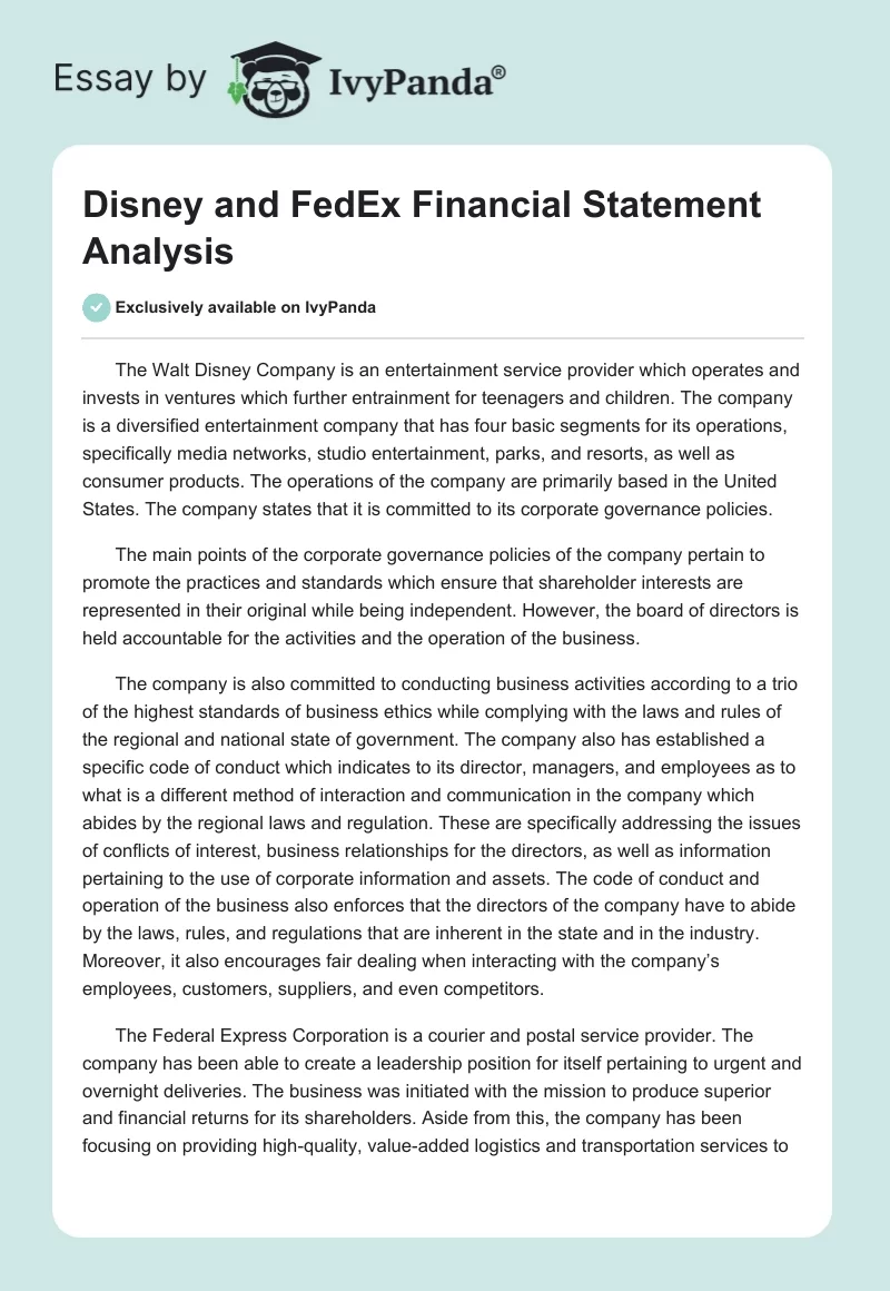 Disney and FedEx Financial Statement Analysis. Page 1