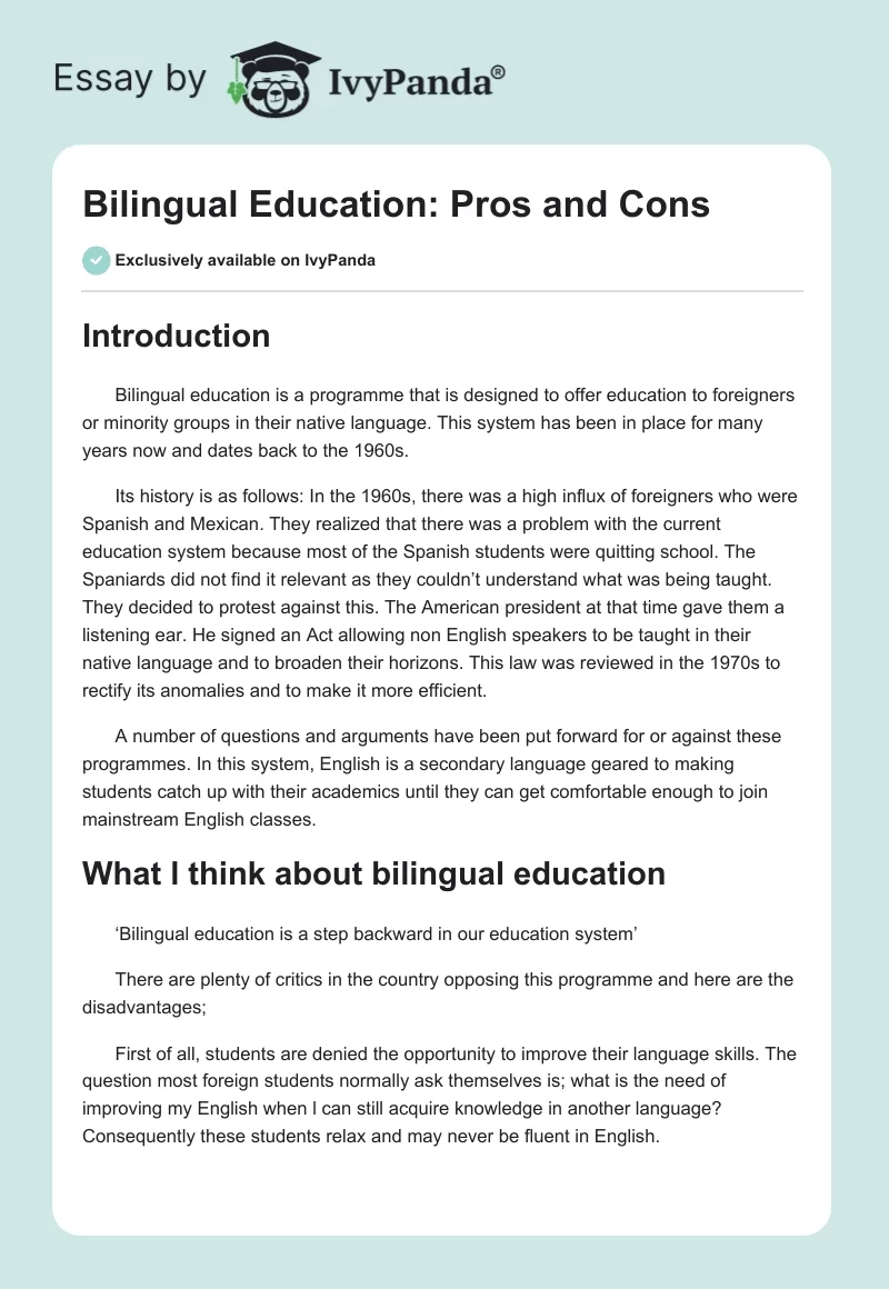Bilingual Education: Pros and Cons. Page 1