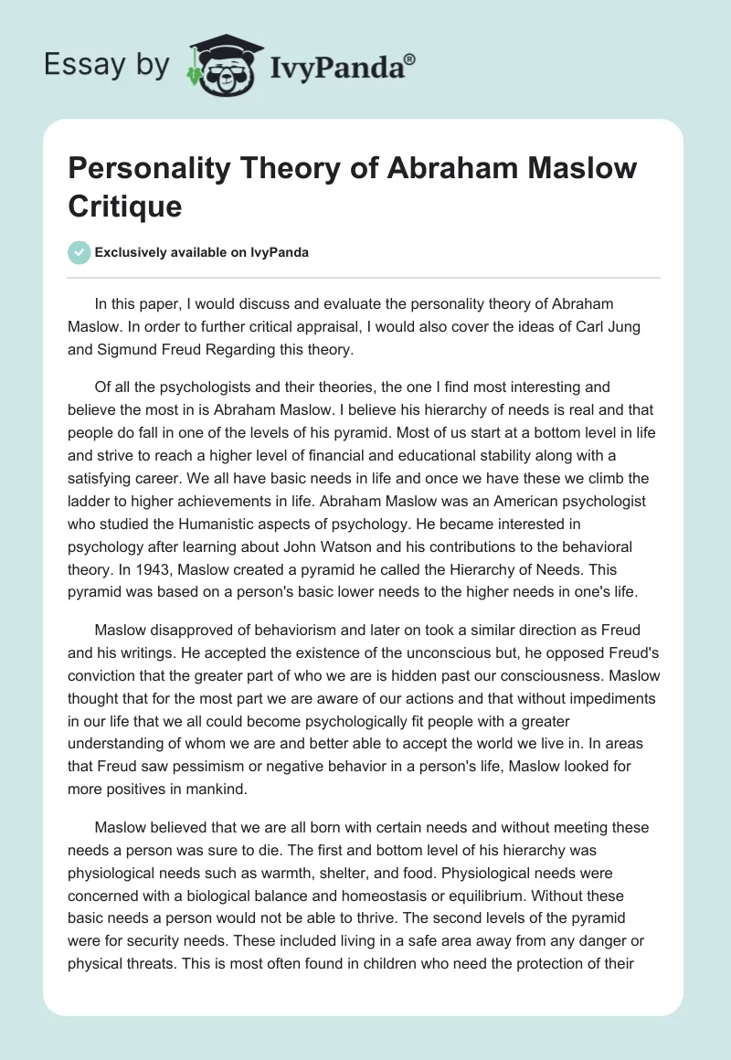 Personality Theory of Abraham Maslow Critique. Page 1