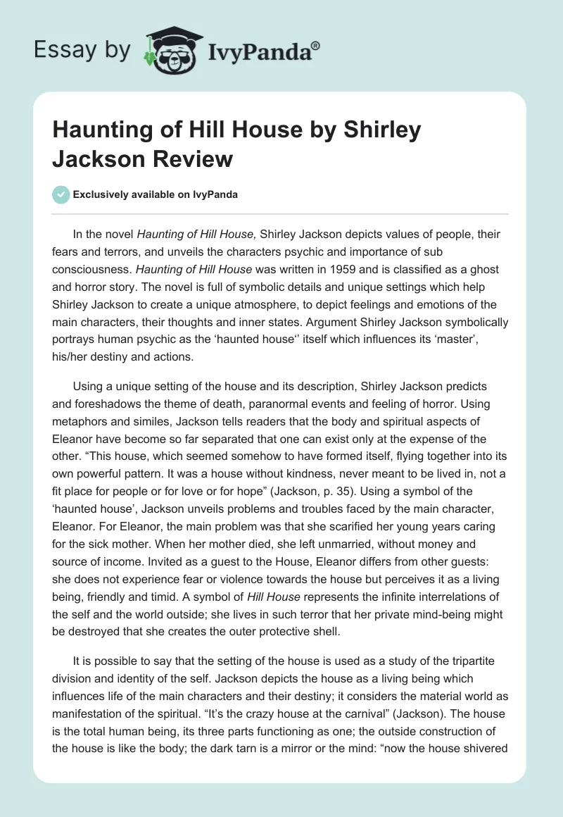 "Haunting of Hill House" by Shirley Jackson Review. Page 1