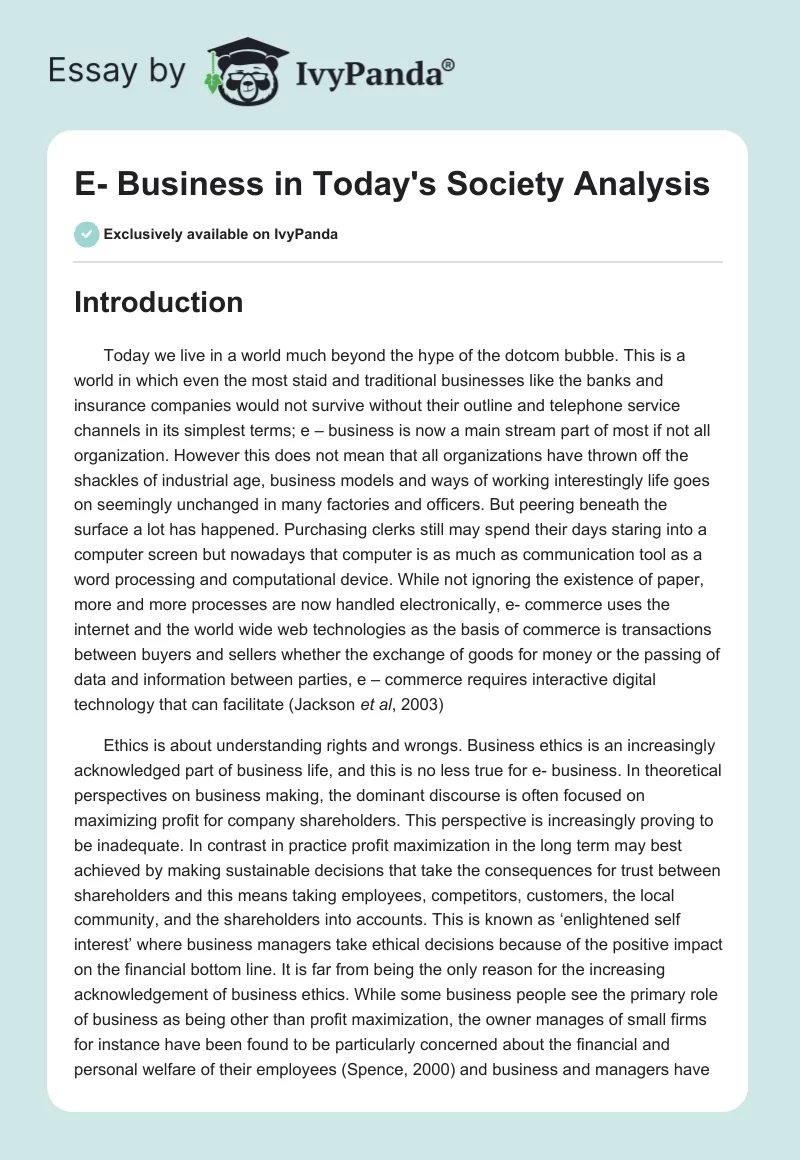 E- Business in Today's Society Analysis. Page 1