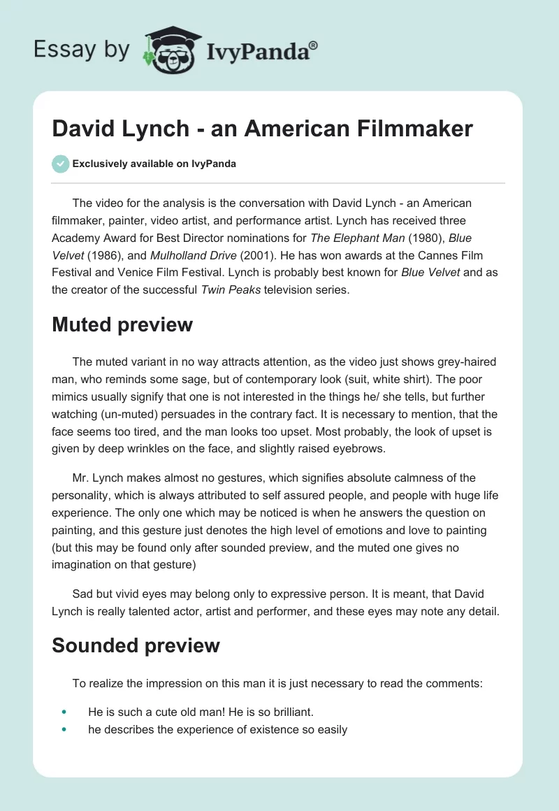 David Lynch - an American Filmmaker. Page 1