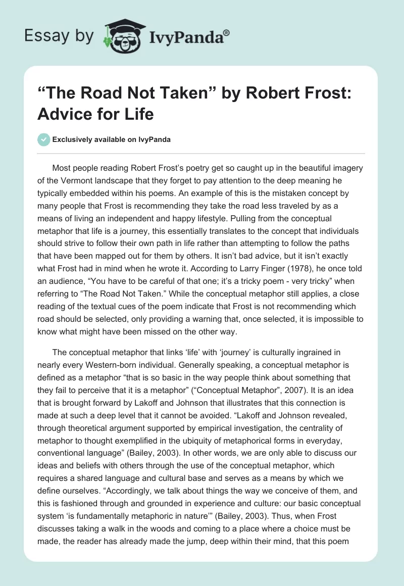 “The Road Not Taken” by Robert Frost: Advice for Life. Page 1