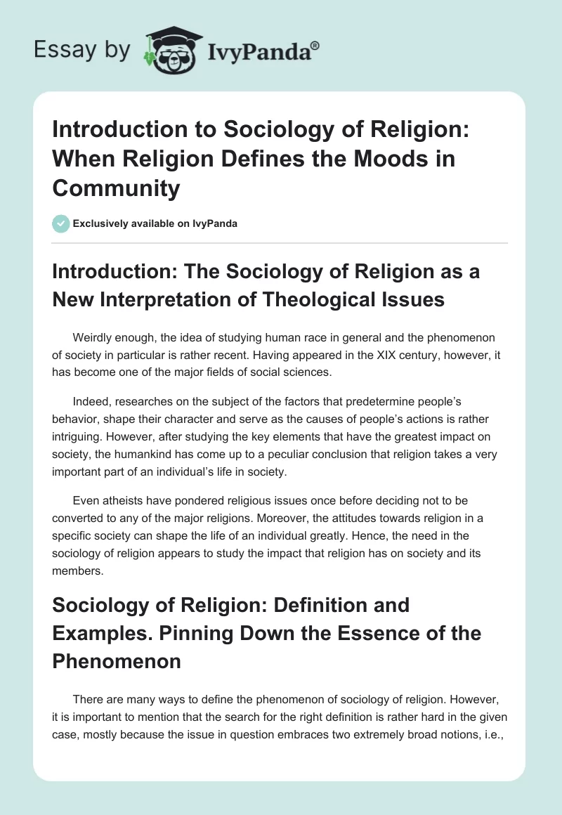 Introduction to Sociology of Religion: When Religion Defines the Moods in Community. Page 1