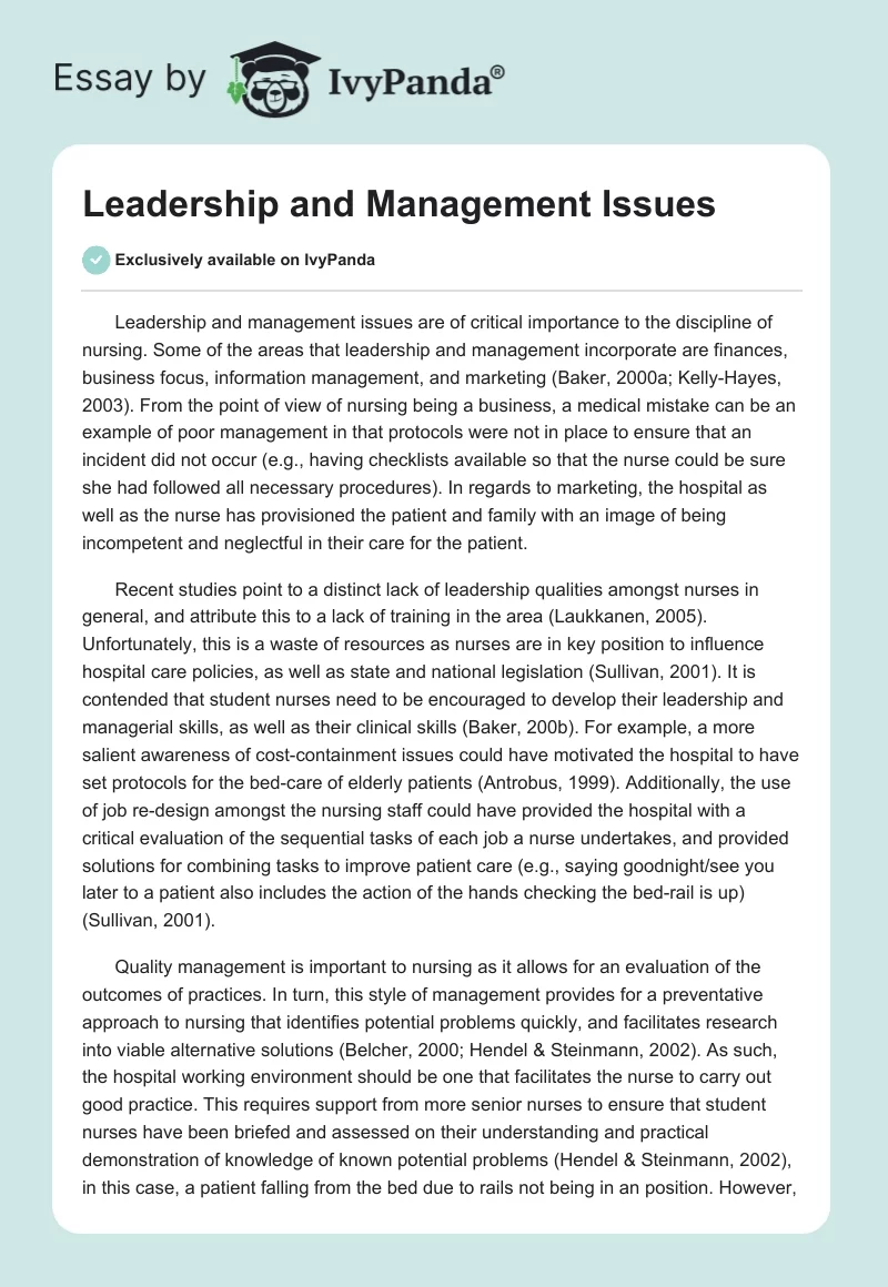Leadership and Management Issues. Page 1
