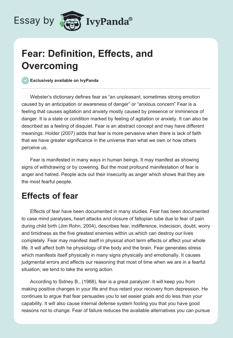 Fear: Definition, Effects, and Overcoming. Page 1
