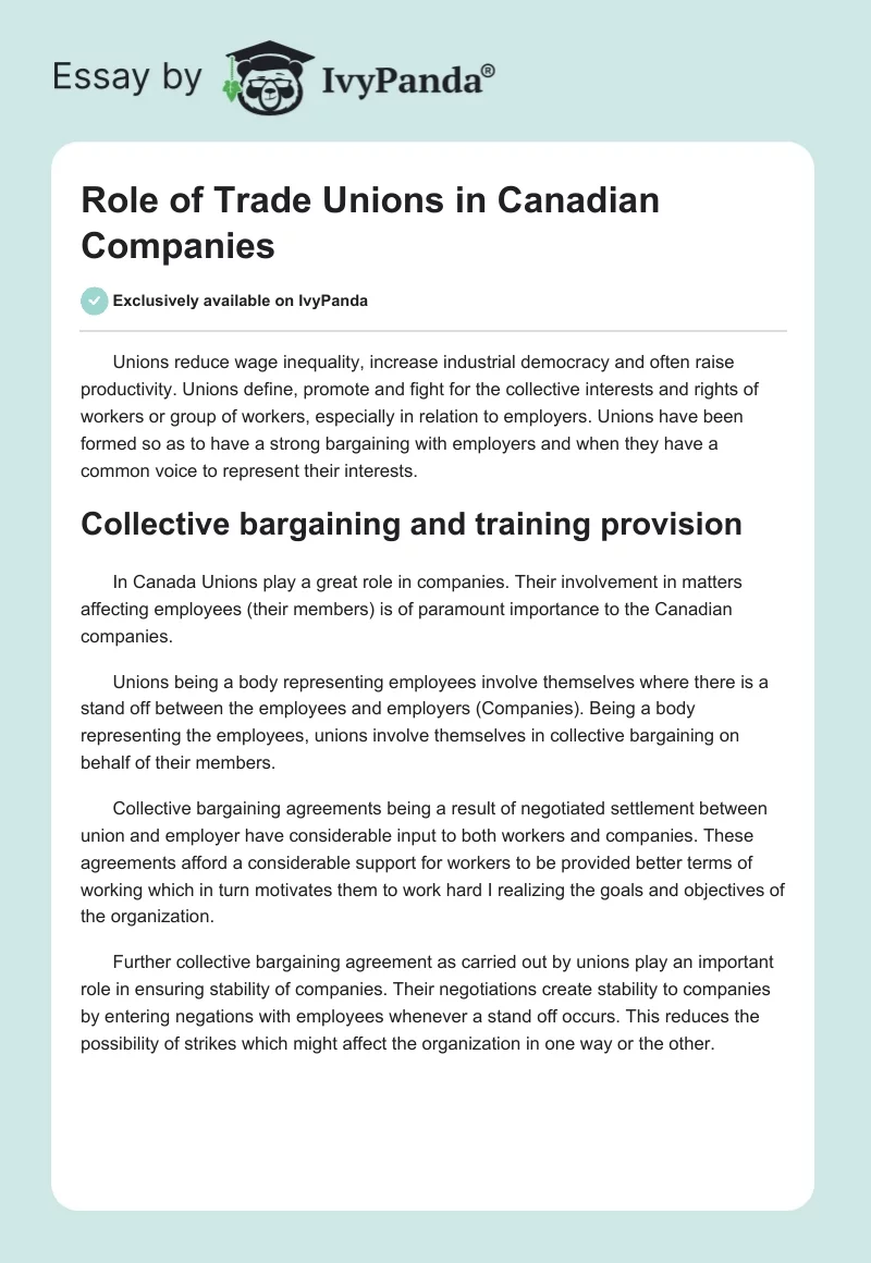 Role of Trade Unions in Canadian Companies. Page 1