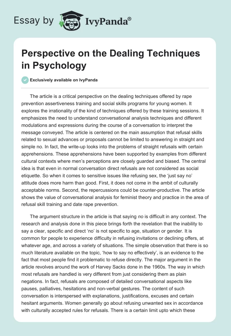 Perspective on the Dealing Techniques in Psychology. Page 1
