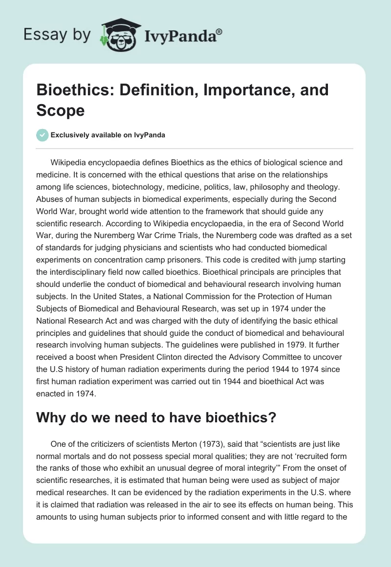 Bioethics: Definition, Importance, and Scope. Page 1